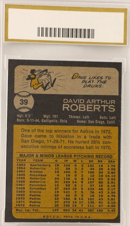 A vintage 1972 David Arthur Roberts baseball trading card, graded and encapsulated by PSC. The card features a dark brown and gold design with player statistics and a cartoon illustration.