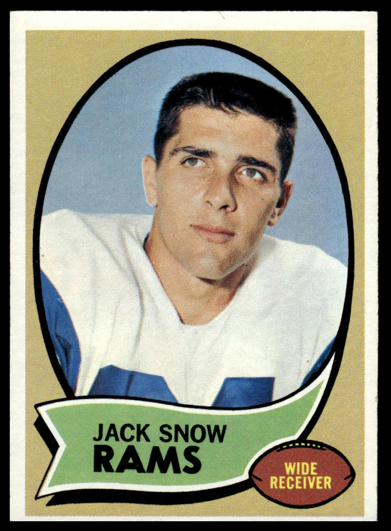 A vintage football trading card featuring a portrait of Jack Snow, a wide receiver. The card has a beige background, an oval photo frame with a blue studio backdrop, a green banner reading 'JACK SNOW RAMS', and a brown badge labeled 'WIDE RECEIVER'.