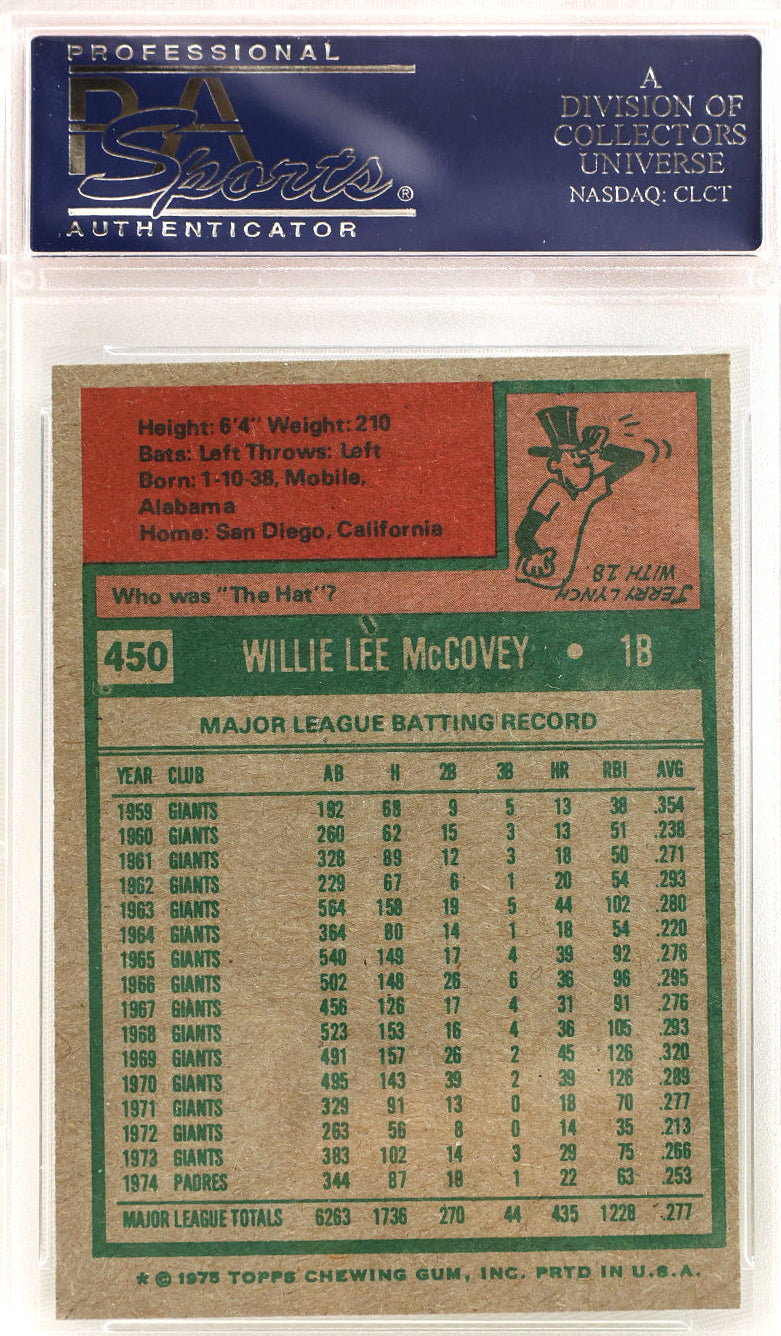 A 1975 Topps Willie Lee McCovey baseball trading card, graded and authenticated by PSA as a PSA 10. The card features a green and red design with player statistics, encapsulated in a clear plastic protective case.