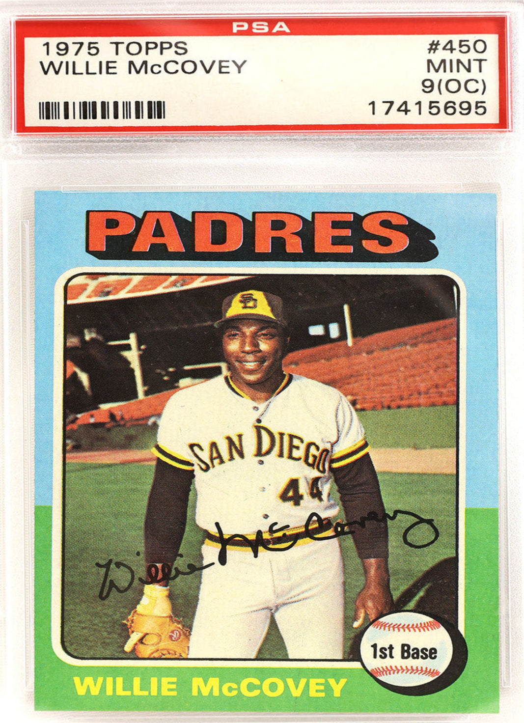 A PSA-graded 1975 Topps Willie McCovey baseball card, showing the card inside a clear plastic grading slab with a red PSA label at the top. The card features the San Diego Padres and has a visible autograph across the lower portion.