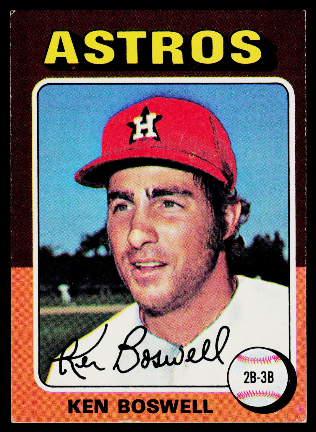 Vintage Houston Astros baseball trading card featuring Ken Boswell, with a red cap, white uniform, and orange-brown card border. The card includes the Astros team name at the top and Ken Boswell's name and signature at the bottom.