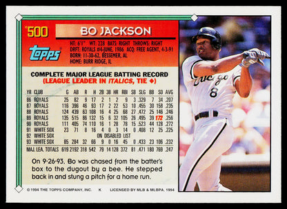 A vintage 1994 Topps baseball trading card featuring Bo Jackson. The card has a red, white, and green design with a biographical text block on the left and a photo of Bo Jackson in a white Chicago Cubs uniform on the right.