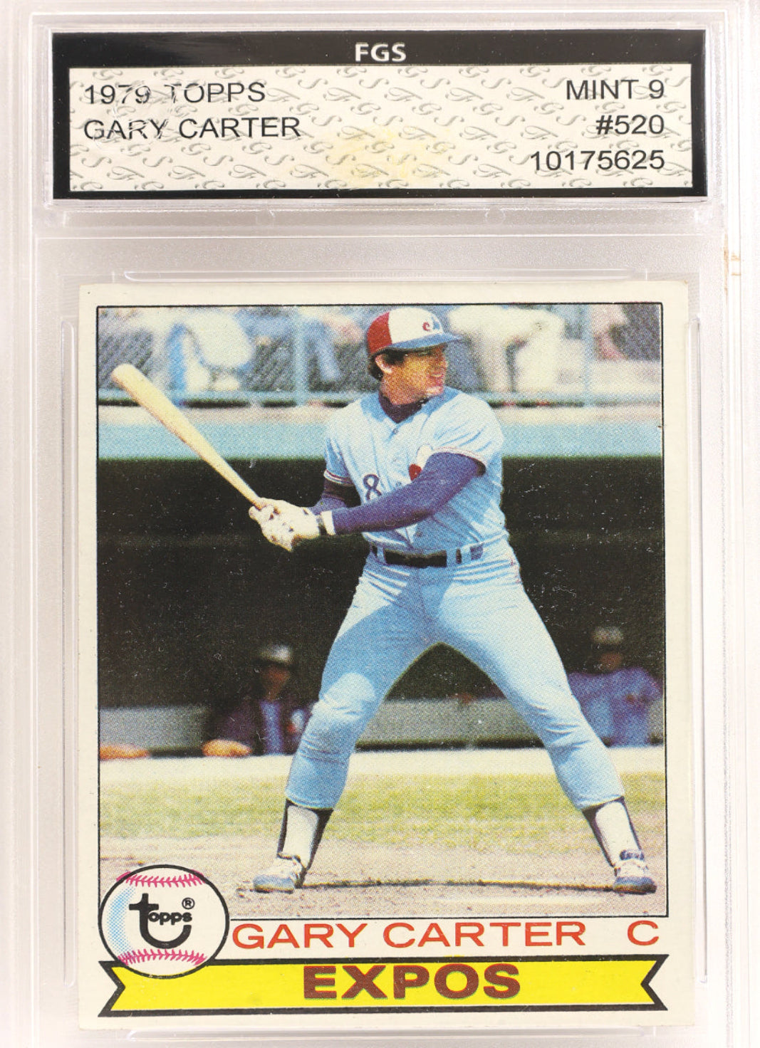 A 1979 Topps Gary Carter baseball trading card graded and encapsulated by PSA as a Mint 9. The card shows Gary Carter in a light blue Expos uniform holding a bat, with the Topps logo and team name at the bottom.