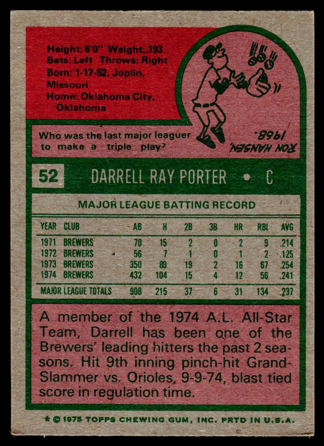 A vintage 1975 Topps baseball trading card back featuring Darrel Ray Porter, card number 52, with a red, green, and white design and player statistics printed on it.