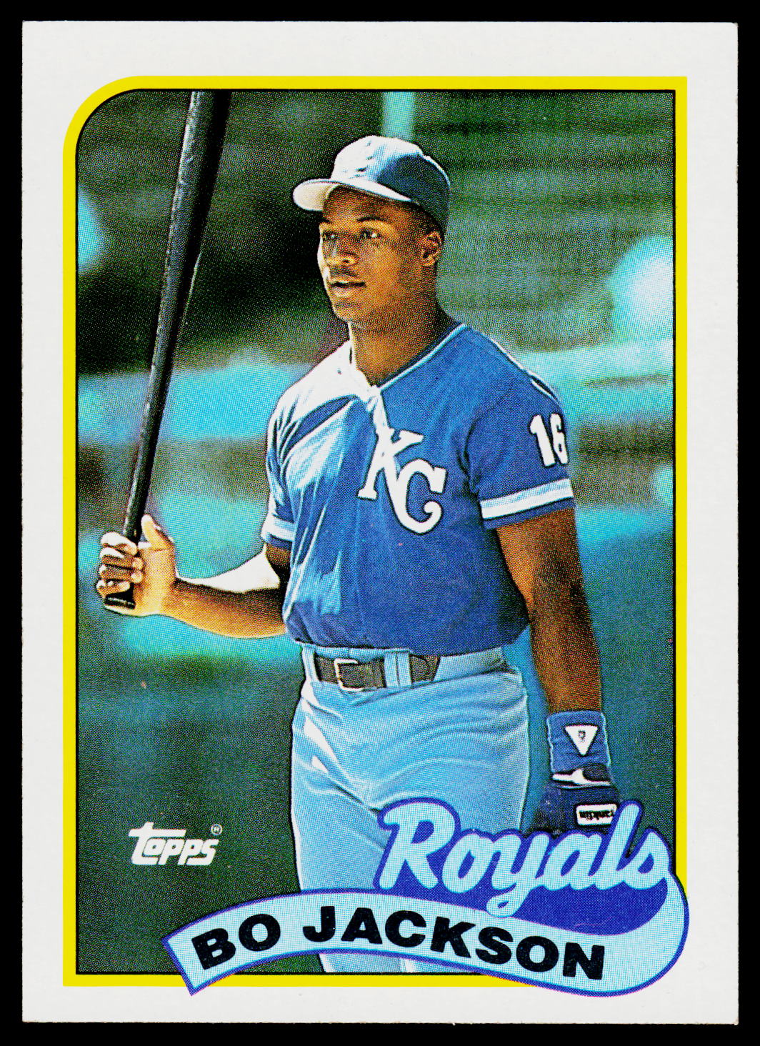 A vintage Topps baseball trading card featuring Bo Jackson in a Kansas City Royals blue jersey, holding a bat, with the Topps logo and Royals branding on the card.