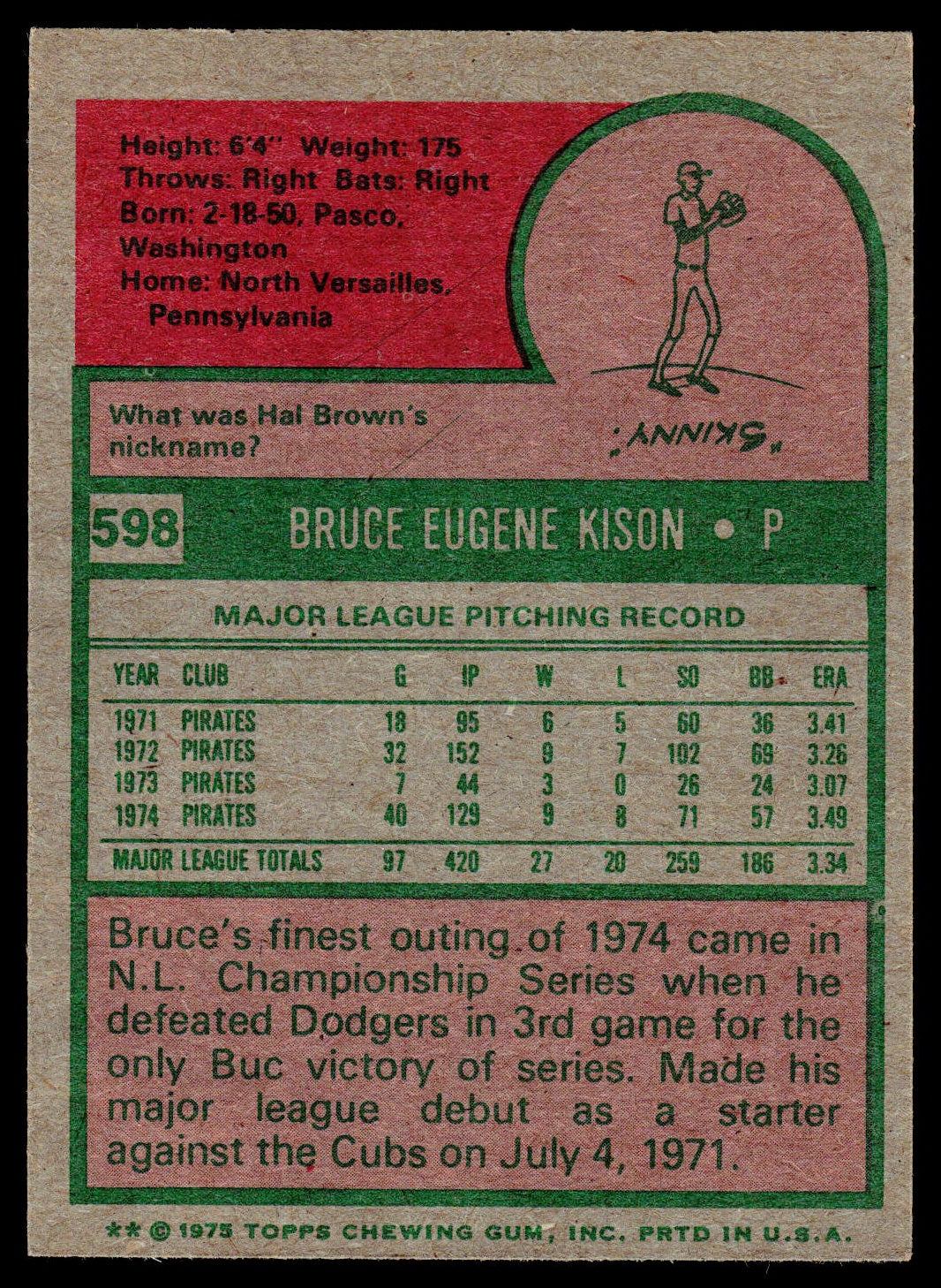 Back of a 1975 Topps baseball trading card featuring Bruce Eugene Kison's pitching record, with a red header, green text boxes, and a tan paper background.