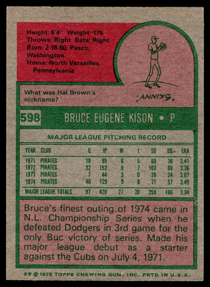 Back of a 1975 Topps baseball trading card featuring Bruce Eugene Kison's pitching record, with a red header, green text boxes, and a tan paper background.