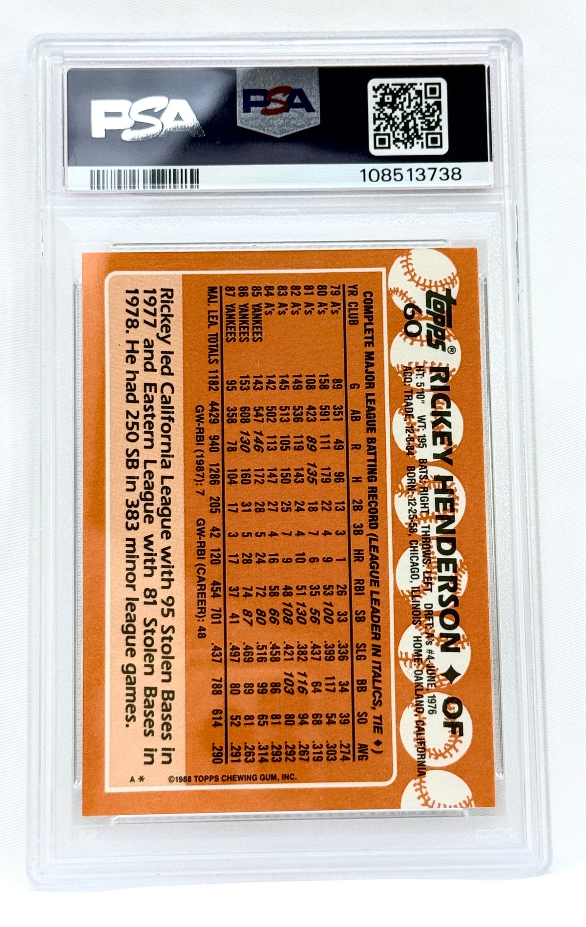 A PSA graded baseball trading card featuring Rickey Henderson's career statistics, sealed in a clear plastic protective holder against a white background.