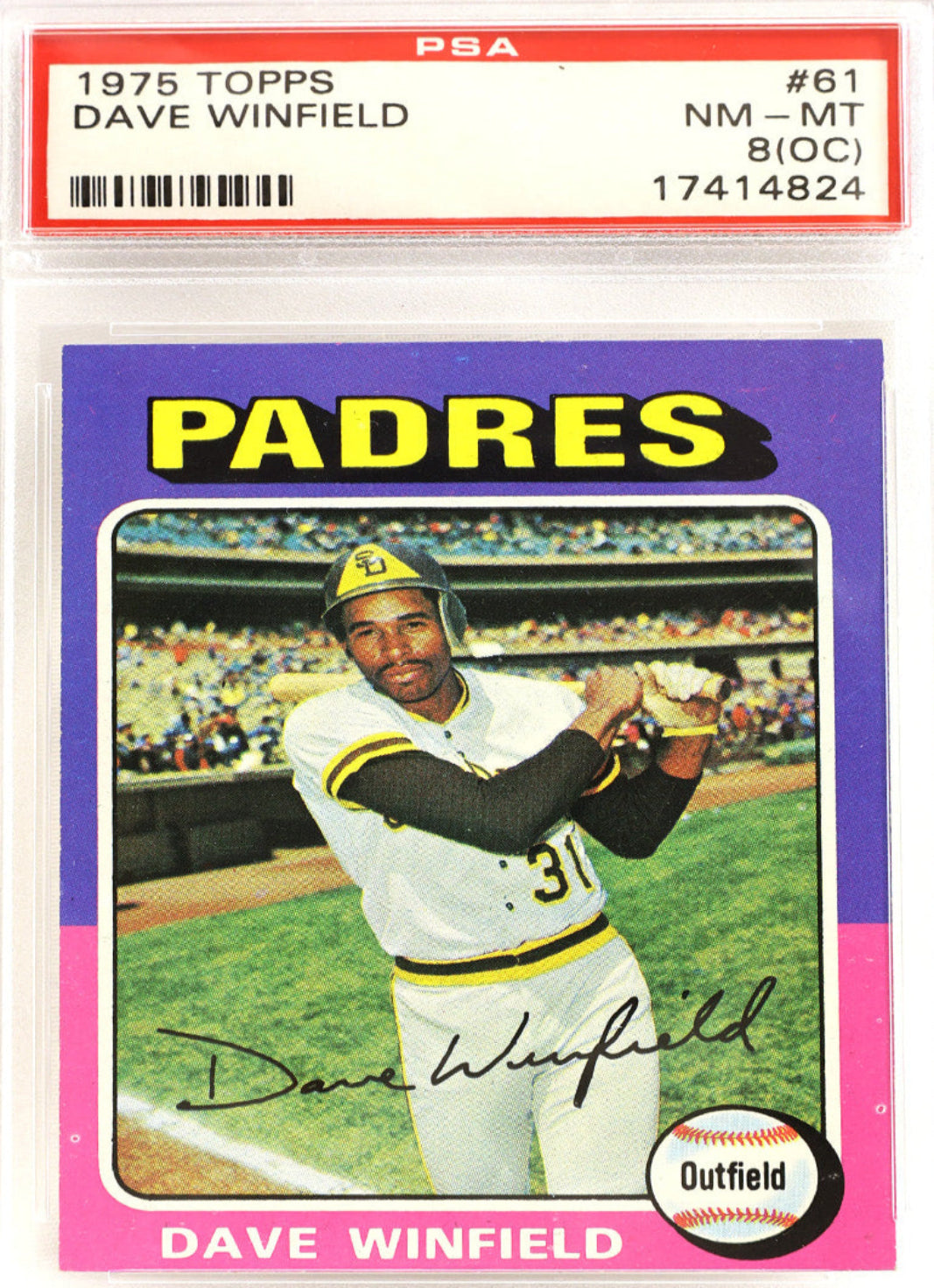 A PSA graded 1975 Topps Dave Winfield baseball card, showing the card inside its clear plastic grading case. The card features a purple border with yellow 'PADRES' text and a photo of Winfield in a white and yellow San Diego Padres uniform.