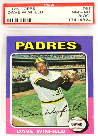 A PSA graded 1975 Topps Dave Winfield baseball card, showing the card inside its clear plastic grading case. The card features a purple border with yellow 'PADRES' text and a photo of Winfield in a white and yellow San Diego Padres uniform.