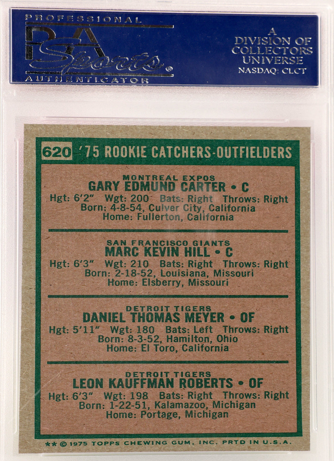A vintage 1976 Topps baseball trading card, specifically card number 620 '75 Rookie Catchers-Outfielders' featuring Gary Edmund Carter, shown inside a PSA graded holder.