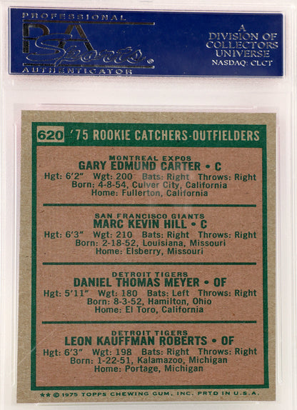 A vintage 1976 Topps baseball trading card, specifically card number 620 '75 Rookie Catchers-Outfielders' featuring Gary Edmund Carter, shown inside a PSA graded holder.