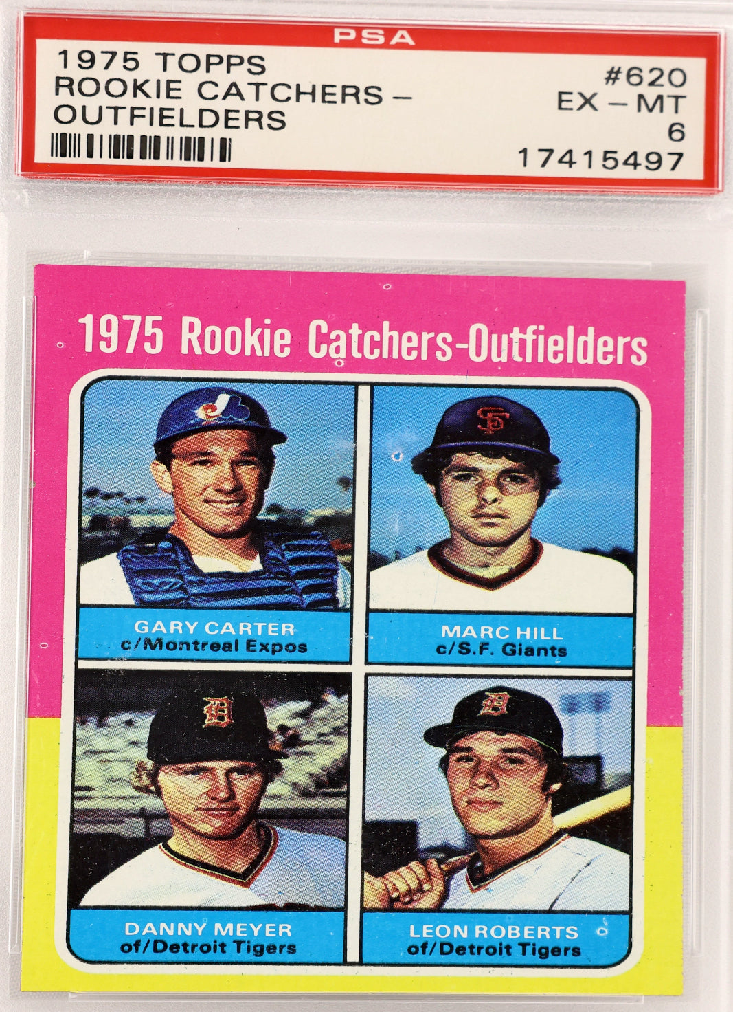 A PSA graded 1975 Topps Rookie Catchers-Outfielders trading card, graded PSA 6 Ex-MT, sealed in a clear protective plastic holder.