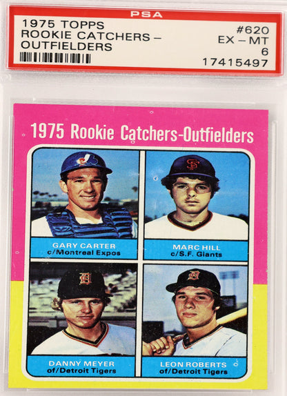 A PSA graded 1975 Topps Rookie Catchers-Outfielders trading card, graded PSA 6 Ex-MT, sealed in a clear protective plastic holder.