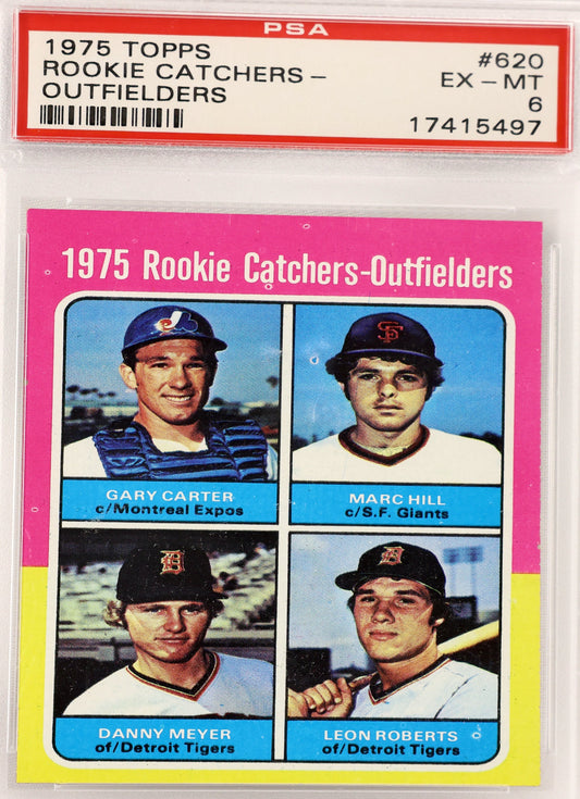 A PSA graded 1975 Topps Rookie Catchers-Outfielders trading card, graded PSA 6 Ex-MT, sealed in a clear protective plastic holder.