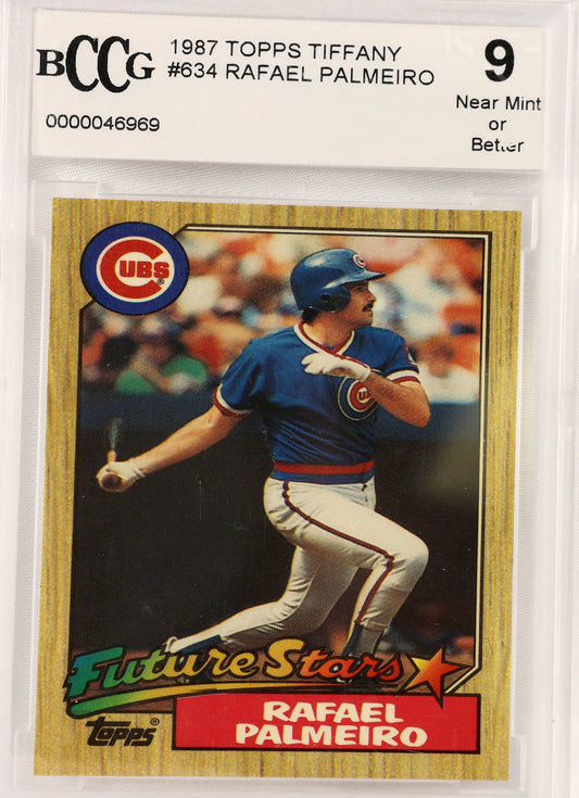 A graded 1987 Topps Tiffany Rafael Palmeiro baseball trading card, encapsulated in a clear BCCG holder and showing a 9 near mint condition rating.