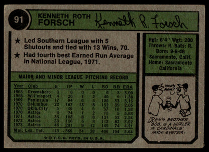 A vintage baseball trading card back featuring Kennerth Roth Forsch's profile, with green and beige panels, printed player statistics, a small cartoon, and his signature in black ink.