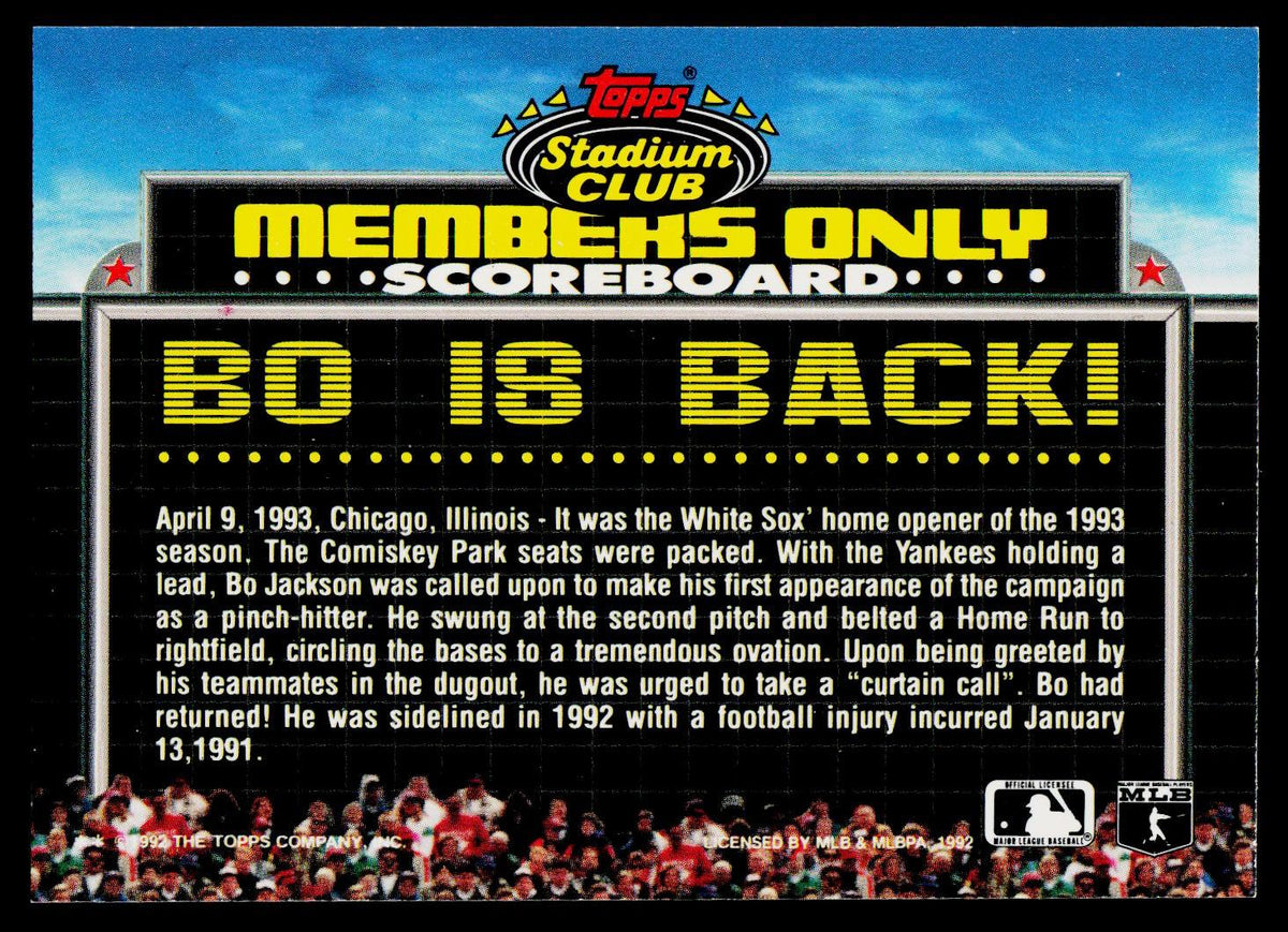 A baseball trading card featuring a large marquee-style sign that reads 'MEMBERS ONLY SCOREBOARD BO IS BACK!' with a paragraph of white text below. The card includes the Topps Stadium Club logo at the top and a crowd scene along the bottom.