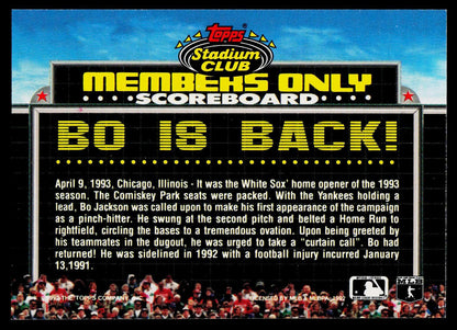 A baseball trading card featuring a large marquee-style sign that reads 'MEMBERS ONLY SCOREBOARD BO IS BACK!' with a paragraph of white text below. The card includes the Topps Stadium Club logo at the top and a crowd scene along the bottom.