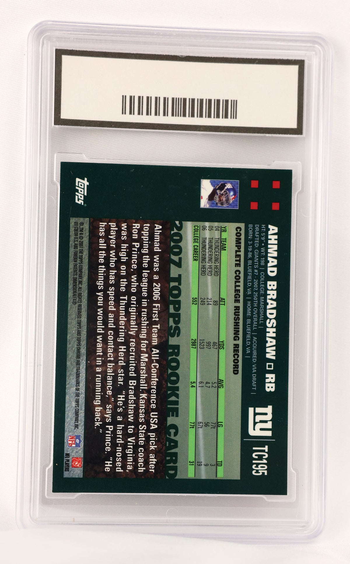 A Topps Ahmad Bradshaw rookie card graded 10 on a clear plastic slab. The back of the card is dark green with black and white text, a player photo, and a green progress bar.