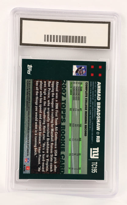 A Topps Ahmad Bradshaw rookie card graded 10 on a clear plastic slab. The back of the card is dark green with black and white text, a player photo, and a green progress bar.