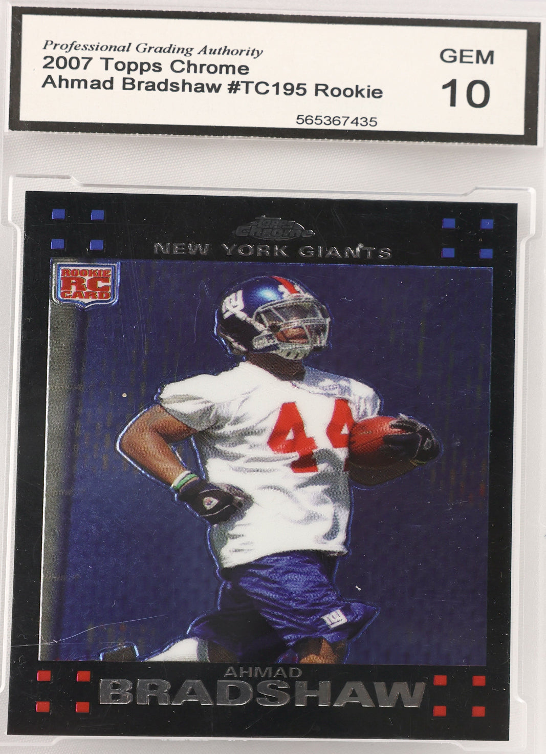 A graded 2007 Topps Chrome Ahmad Bradshaw rookie trading card, encapsulated in a clear PSA Gemgraded holder. The card features the New York Giants and is authenticated with a PSA label showing a 10 grade.