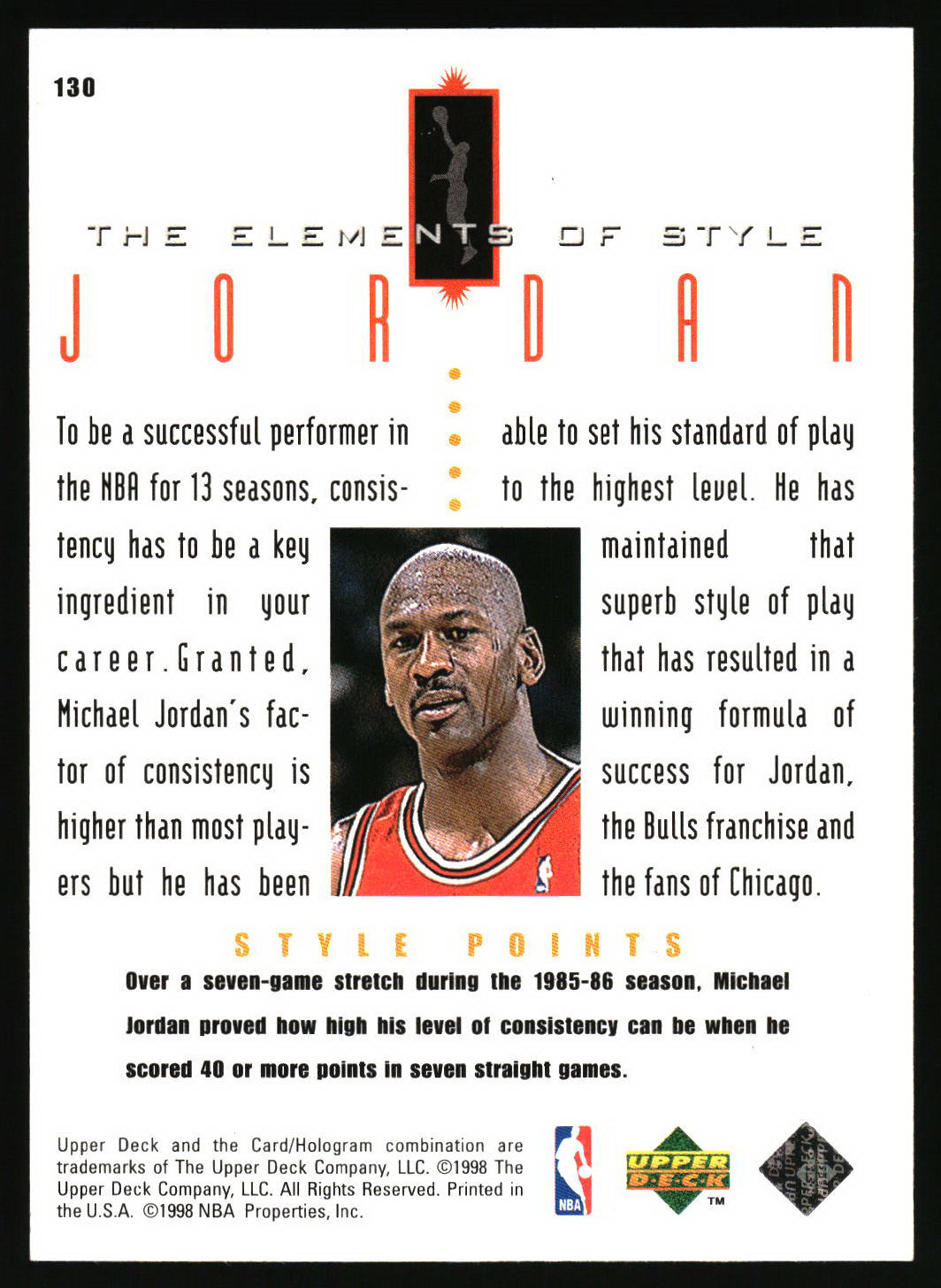 Back of card featuring Michael Jordan. The card is titled 'THE ELEMENTS OF STYLE JORDAN' and contains biographical text alongside a color photo of Jordan in a red and white Chicago Bulls jersey.
