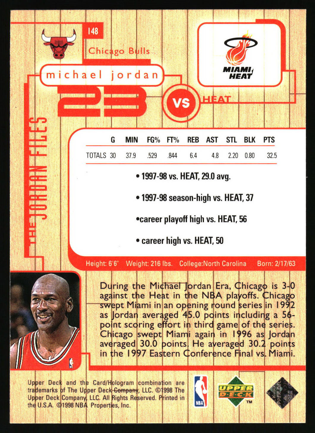 A vintage 1997-1998 basketball trading card back featuring Michael Jordan and the Miami Heat, with a wood-grain textured background, player stats, a small portrait photo, and logos for the NBA and Upper Deck.
