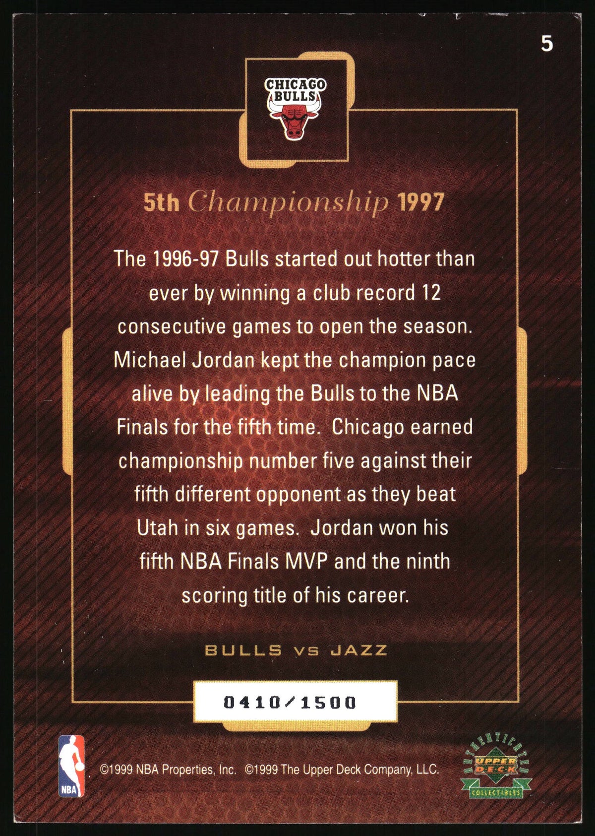 Back of a Chicago Bulls trading card showing championship history for 1997, with white text on a dark brown background, a Bulls logo at the top, and a small card serial number box near the bottom.
