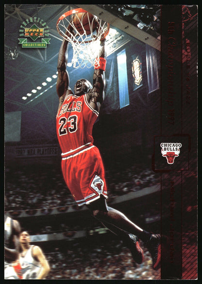 A vintage 1997 Upper Deck Chicago Bulls Michael Jordan basketball trading card, featuring Jordan mid-dunk in his red number 23 jersey inside a crowded arena.