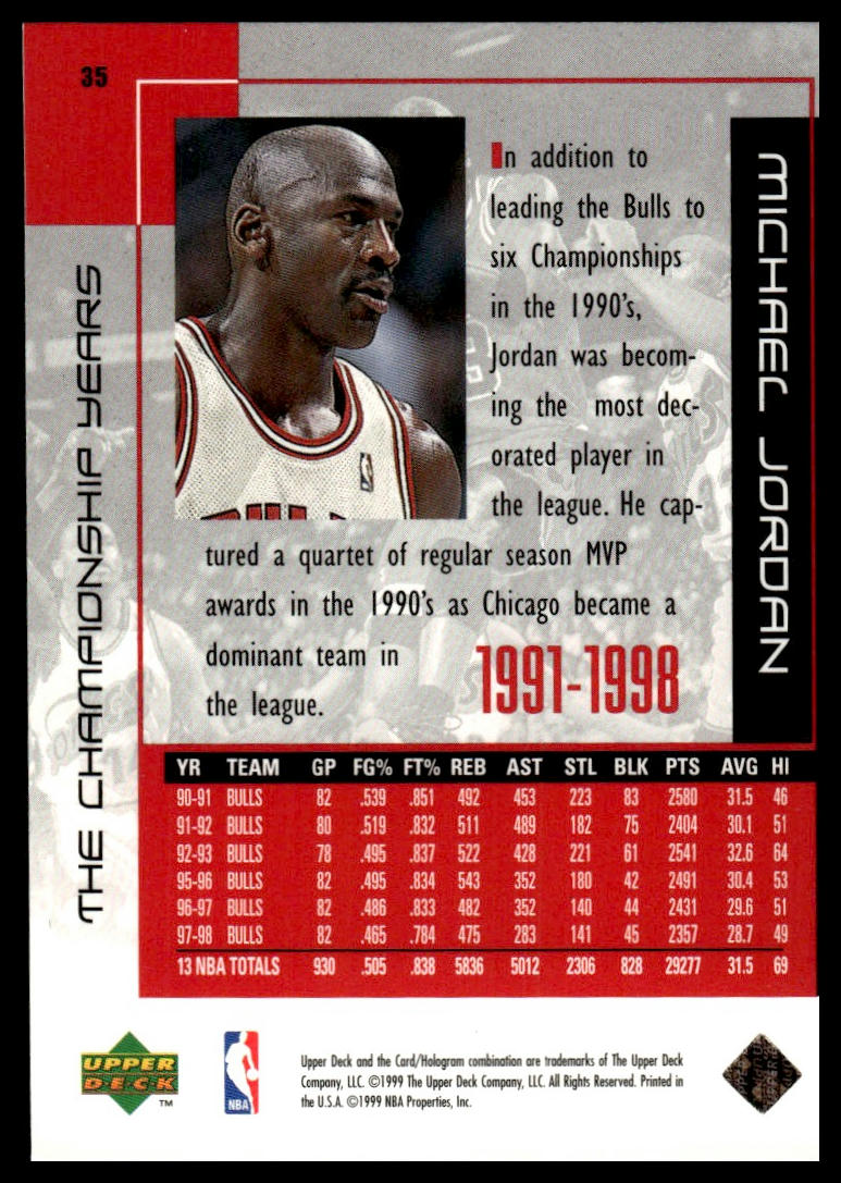 A vintage 1999 Upper Deck Michael Jordan basketball trading card back, featuring a portrait of Jordan, biographical text, a 1991-1998 career stats table, and team logos at the bottom.