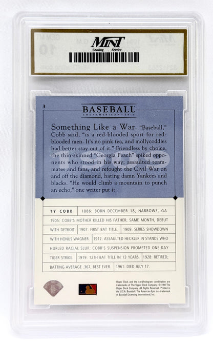 A graded baseball trading card in a clear plastic holder, showing the back of a Cobb card with a blue header and cream text block, plus a gold MINT grading label at the top.