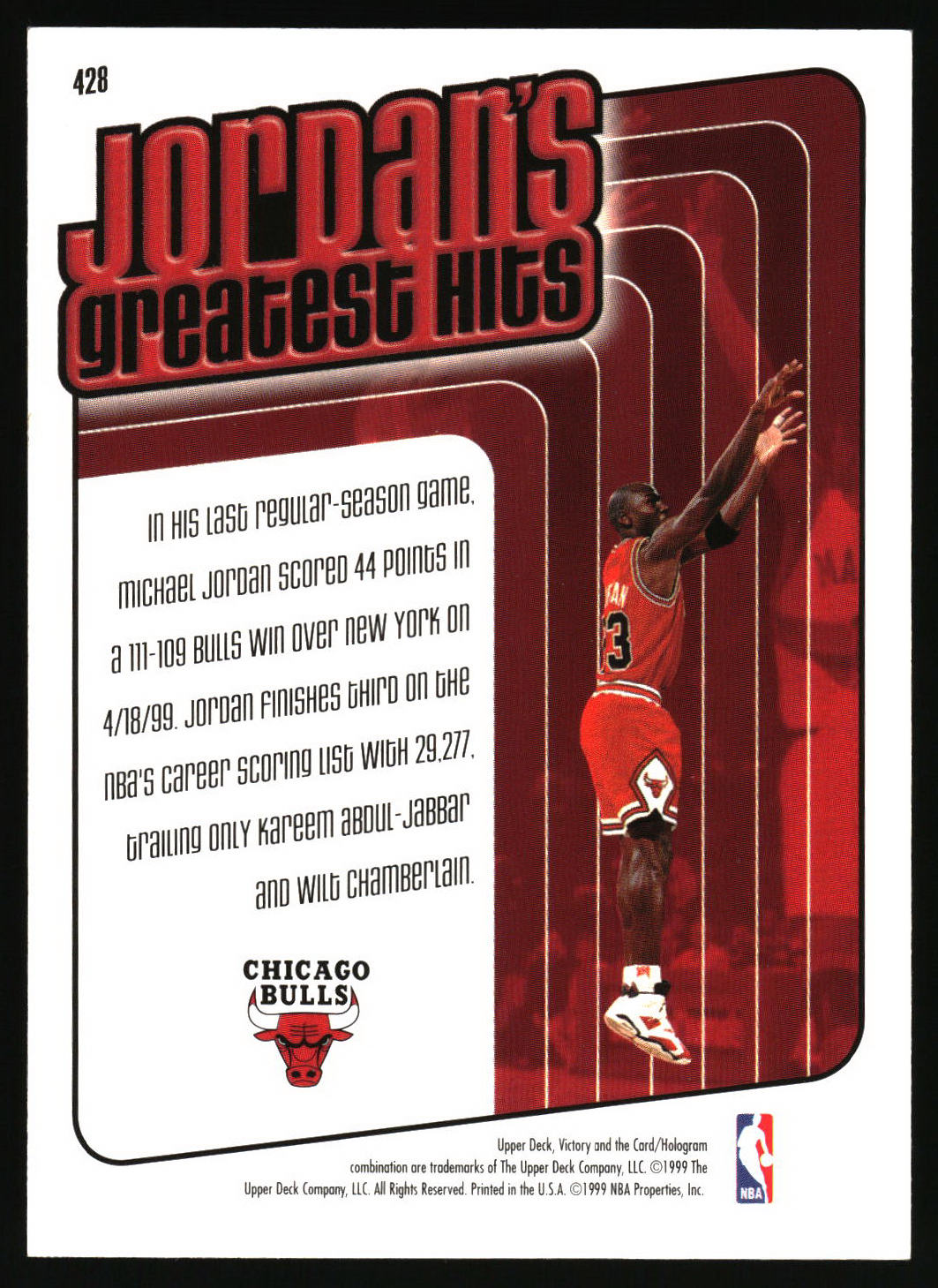 A vintage Chicago Bulls basketball trading card featuring Michael Jordan in a red jersey, with the headline 'Jordan's greatest hits' and a white text box with game statistics.