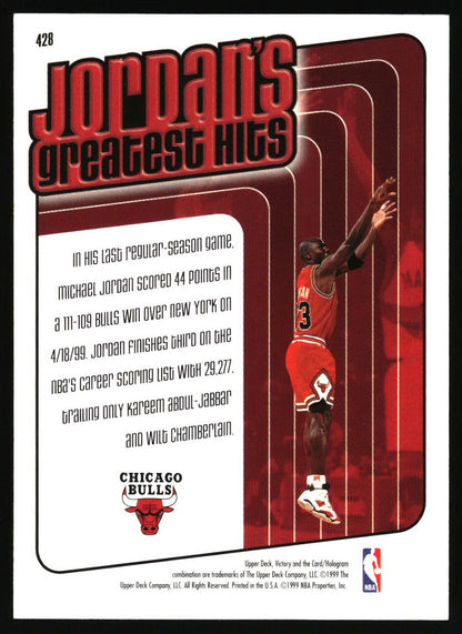 A vintage Chicago Bulls basketball trading card featuring Michael Jordan in a red jersey, with the headline 'Jordan's greatest hits' and a white text box with game statistics.