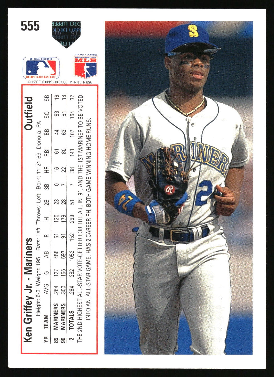 A baseball trading card featuring Ken Griffey Jr. in a Seattle Mariners uniform, with player statistics printed along the left side and team logos at the top.