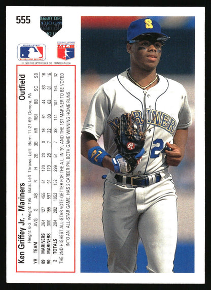 A baseball trading card featuring Ken Griffey Jr. in a Seattle Mariners uniform, with player statistics printed along the left side and team logos at the top.
