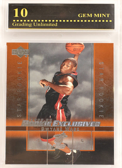 A graded basketball trading card in a clear plastic gem mint holder. The card is for Dwyane Wade, featuring a rookie star photo and a small swatch, with a black and gold PSA-style grading label at the top that reads 10 GEM MINT.