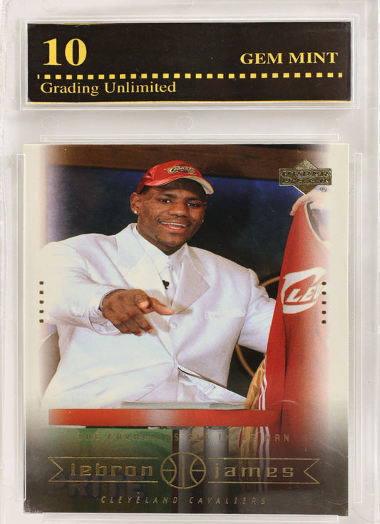 A graded basketball trading card of LeBron James in a clear plastic grading case. The card is from the 2001-2002 season, Upper Deck's Cleveland Cavaliers, and features a Gem Mint 10 grade label at the top.
