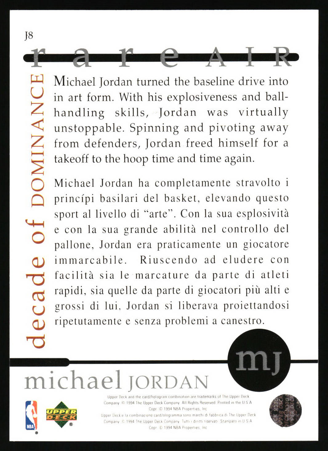 A collectible basketball trading card featuring Michael Jordan, printed in English and Italian, with a black border, white background, and text detailing his career.