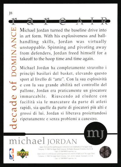 A collectible basketball trading card featuring Michael Jordan, printed in English and Italian, with a black border, white background, and text detailing his career.
