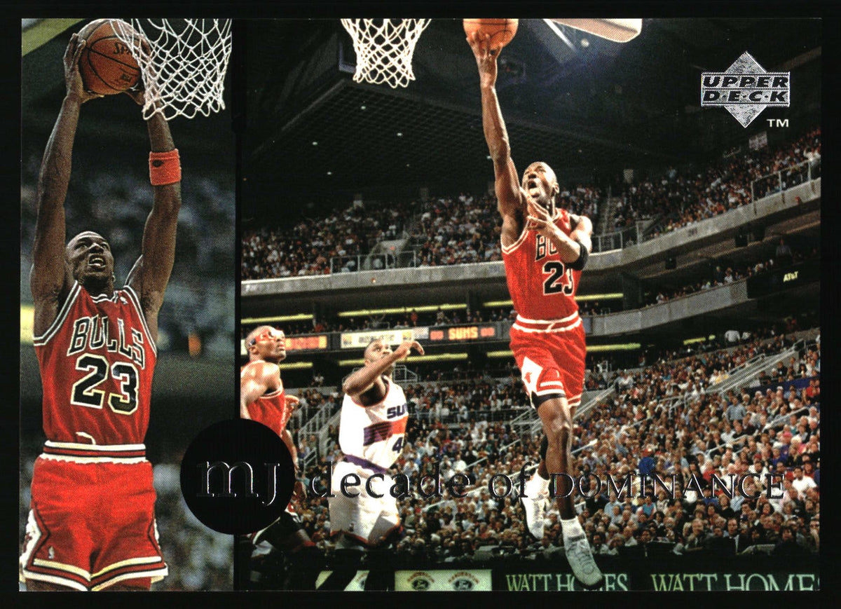 A basketball trading card featuring Michael Jordan in a red Chicago Bulls uniform, shown in a split-panel action layout with a visible Upper Deck logo in the top right.