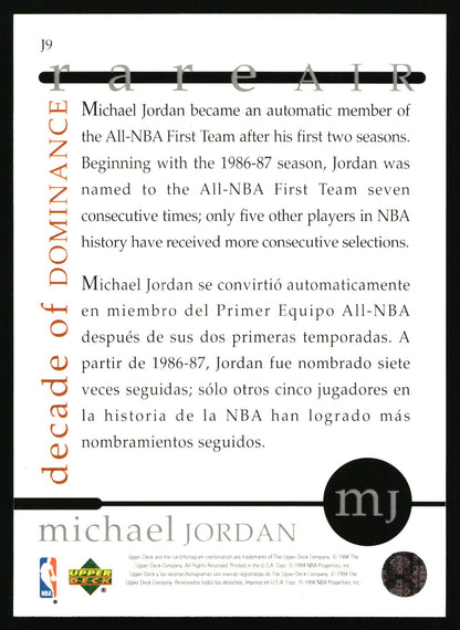 A collectible sports trading card featuring Michael Jordan, printed in English and Spanish, with a black and white design and a vertical orange-red 'decade of dominance' text column.