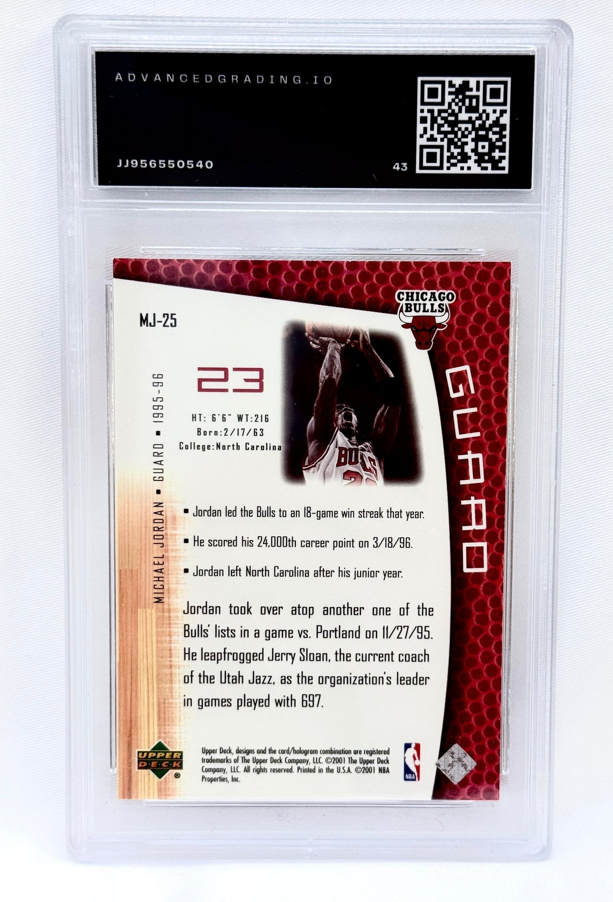 A collectible basketball trading card graded and encapsulated by Advanced Grading. The card is for Michael Jordan.