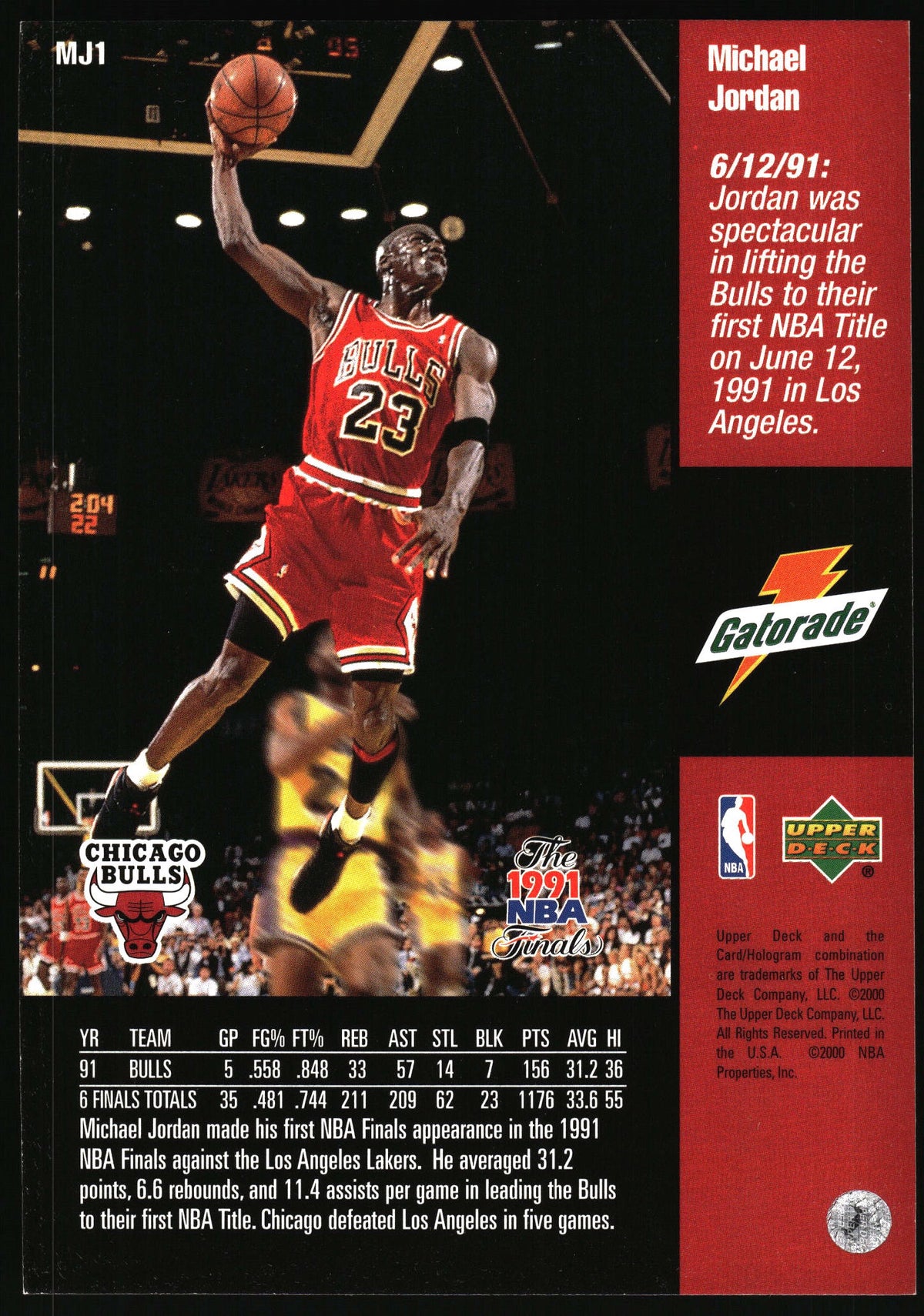 A vintage 1991 Upper Deck Michael Jordan Chicago Bulls trading card, featuring a dynamic action shot of Jordan in a red jersey with biographical text and team logos on a black background.