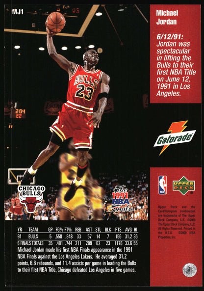 A vintage 1991 Upper Deck Michael Jordan Chicago Bulls trading card, featuring a dynamic action shot of Jordan in a red jersey with biographical text and team logos on a black background.