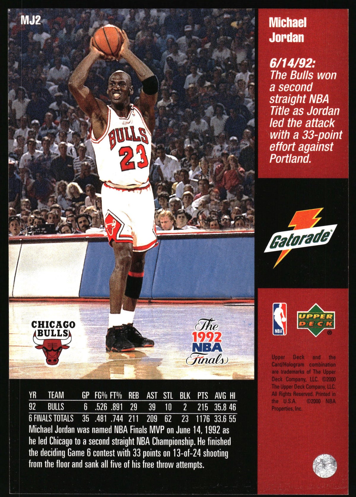 A vintage 1992 NBA trading card featuring Michael Jordan in a Chicago Bulls uniform, with team statistics, a red sidebar, and Gatorade and Upper Deck logos.