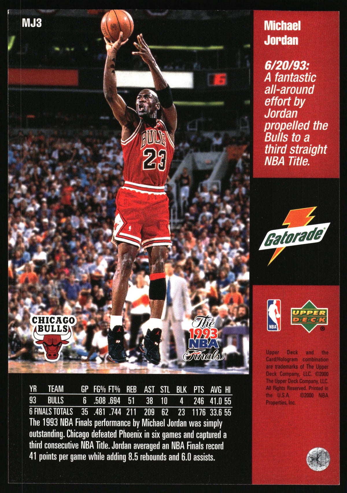 A vintage 1993 Upper Deck Michael Jordan Chicago Bulls trading card, featuring a dynamic action photo of Jordan in his red and black #23 jersey, a red text panel with Gatorade branding, and a black stats footer at the bottom.