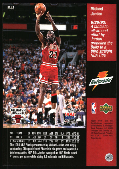 A vintage 1993 Upper Deck Michael Jordan Chicago Bulls trading card, featuring a dynamic action photo of Jordan in his red and black #23 jersey, a red text panel with Gatorade branding, and a black stats footer at the bottom.