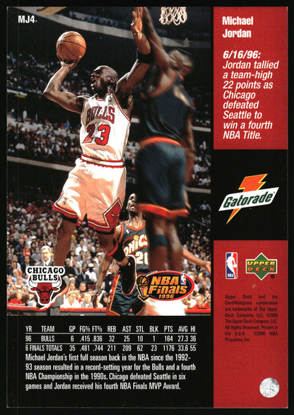 A vintage 1996 NBA trading card featuring Michael Jordan in a Chicago Bulls uniform, with team statistics, Gatorade branding, and NBA logo on a dark background.