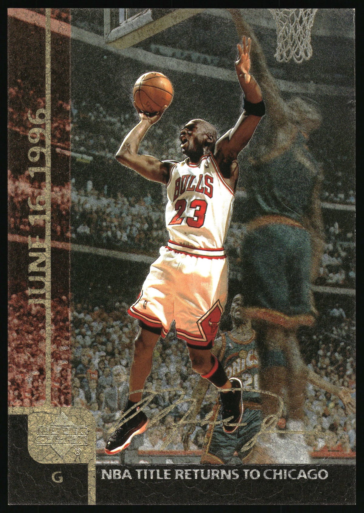 A vintage 1996 NBA trading card featuring Michael Jordan in a Chicago Bulls uniform, mid-dunk with a basketball. The card includes a gold signature block at the bottom left and text reading 'JUN 16 1996' and 'NBA TITLE RETURNS TO CHICAGO'.